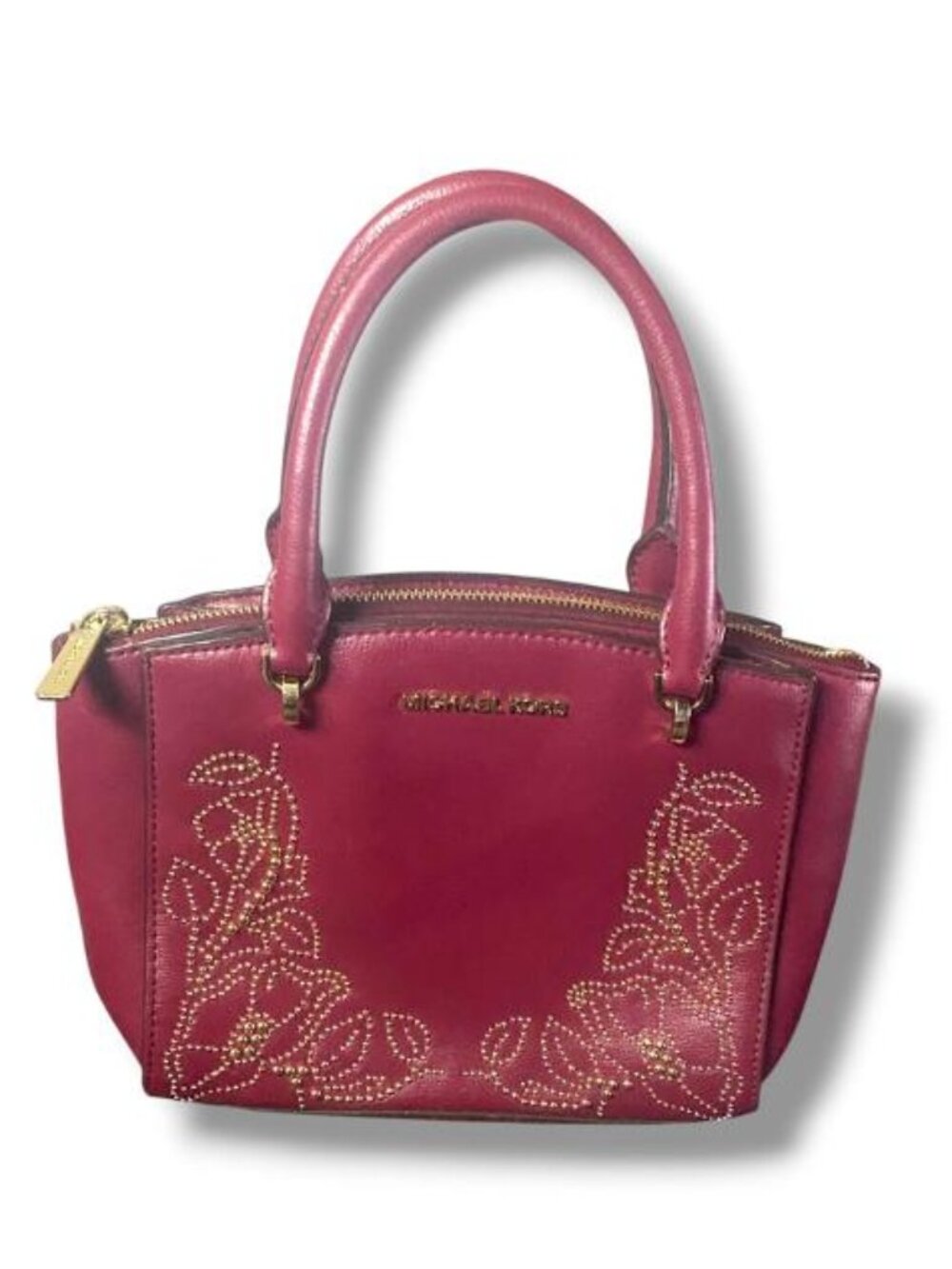 Michael Kors Burgundy Floral Studded Leather 2Way Shoulder Handbag Tote Gold